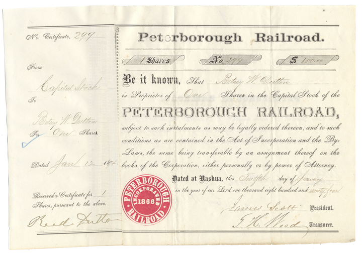 Peterborough Railroad Stock Certificate