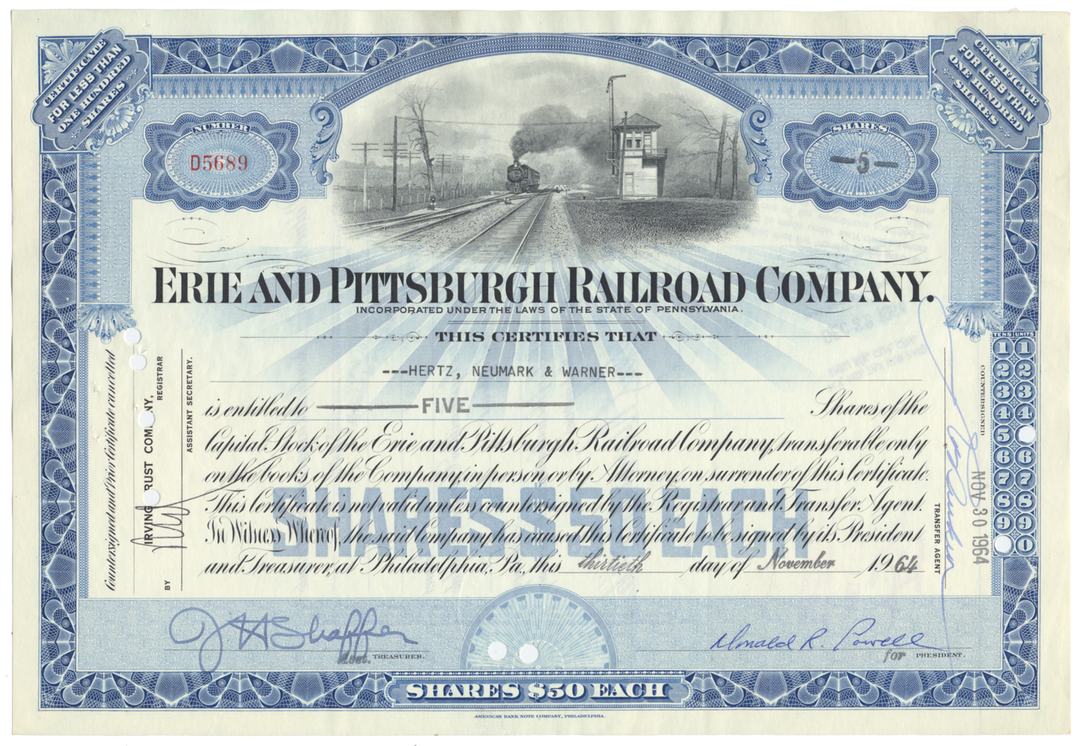 Erie and Pittsburgh Railroad Company Stock Certificate