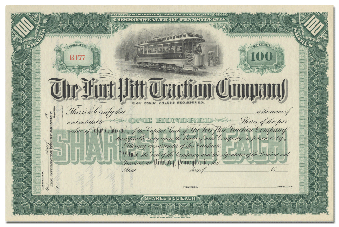 Fort Pitt Traction Company Stock Certificate