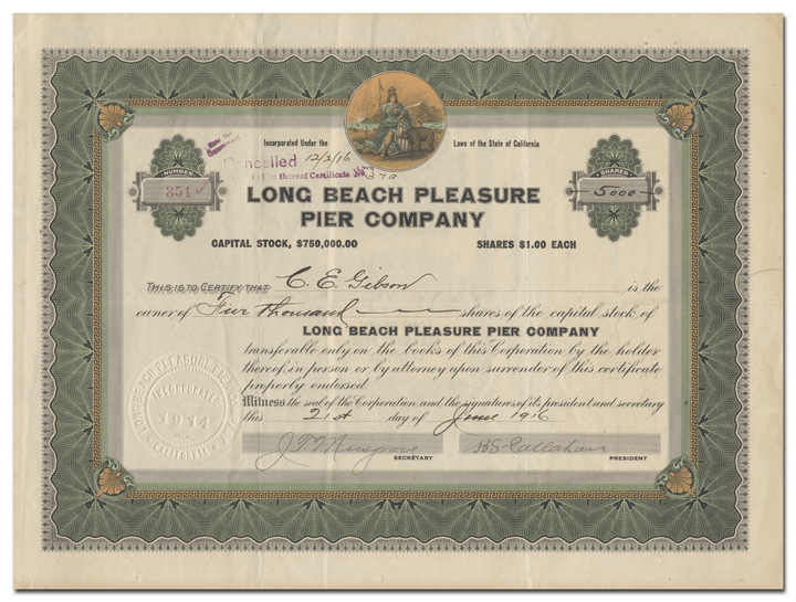 Long Beach Pleasure Pier Company Stock Certificate