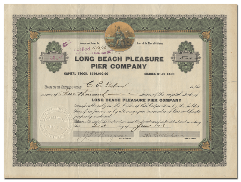 Long Beach Pleasure Pier Company Stock Certificate