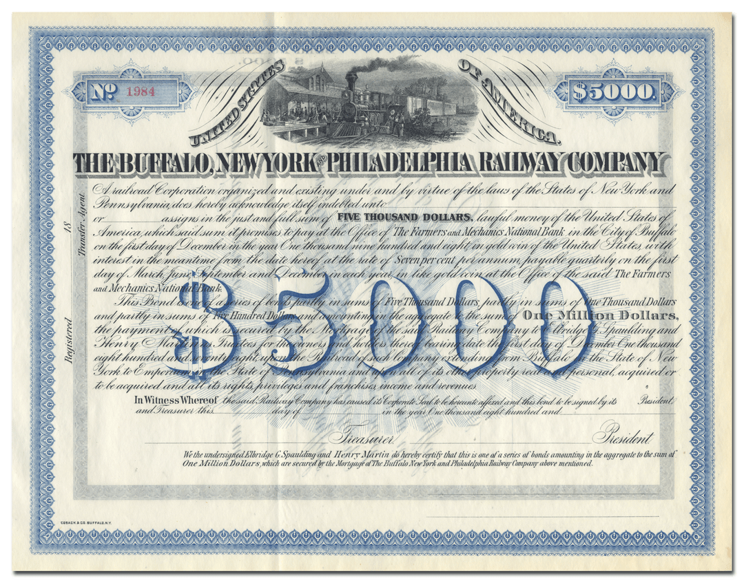 Buffalo, New York and Philadelphia Railway Company Bond Certificate