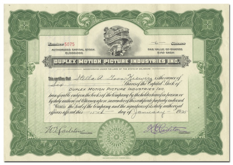 Duplex Motion Picture Industries, Inc. Stock Certificate