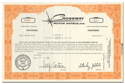 Crossway Motor Hotels, Inc. Stock Certificate