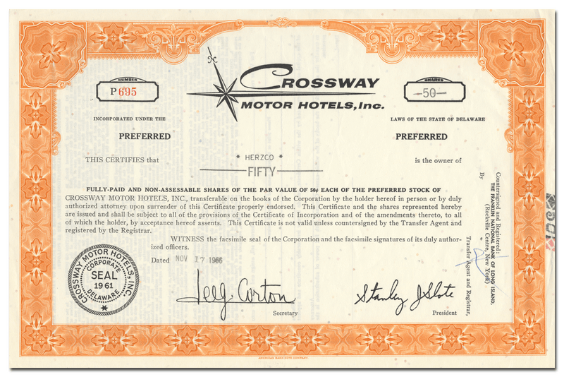 Crossway Motor Hotels, Inc. Stock Certificate