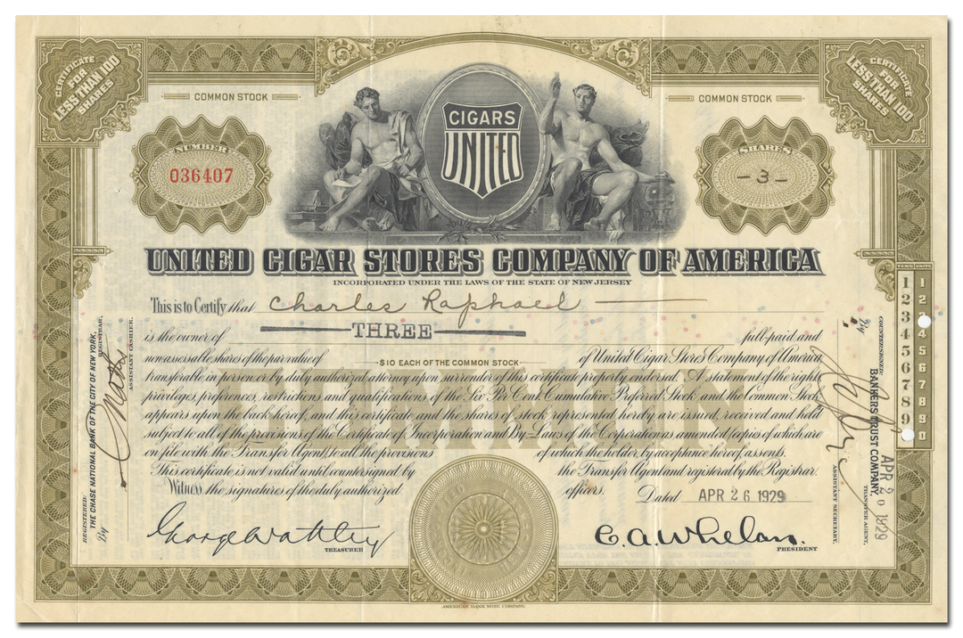 United Cigar Stores Company of America Stock Certificate