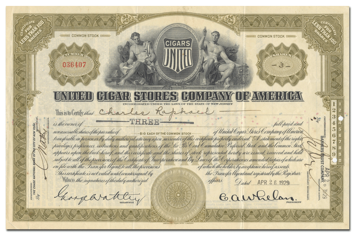 United Cigar Stores Company of America Stock Certificate