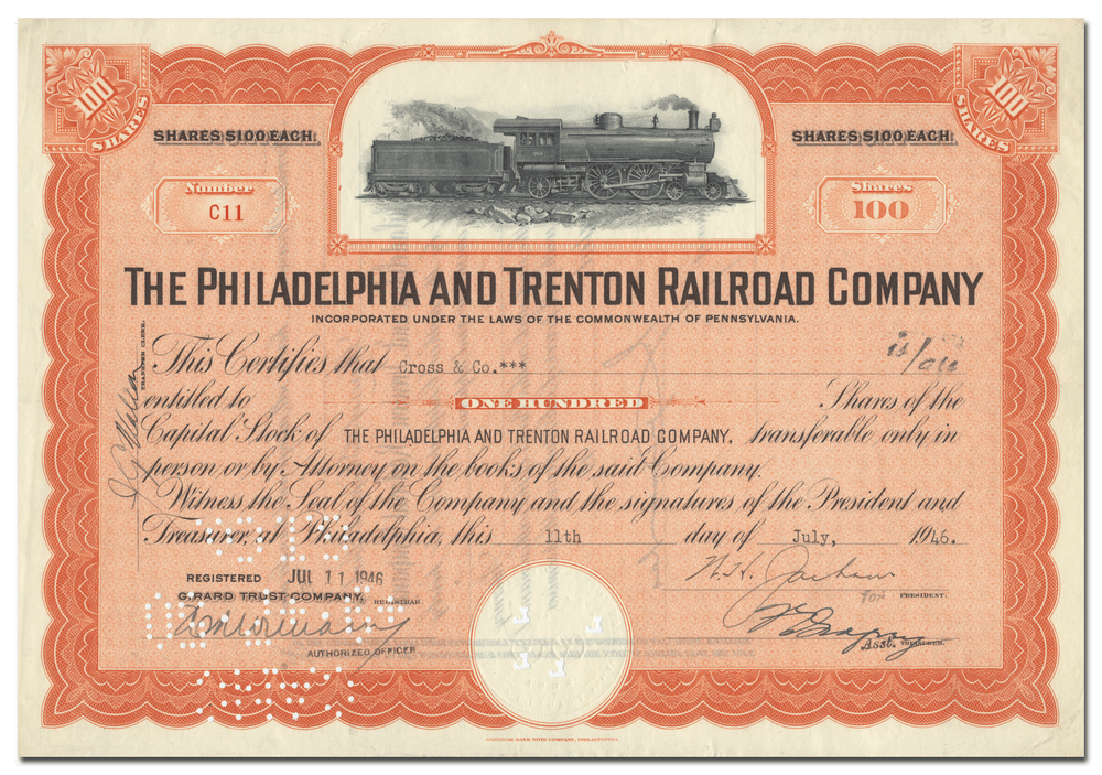 Philadelphia and Trenton Railroad Company Stock Certificate