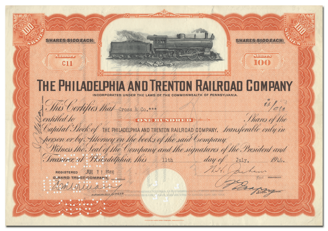 Philadelphia and Trenton Railroad Company Stock Certificate