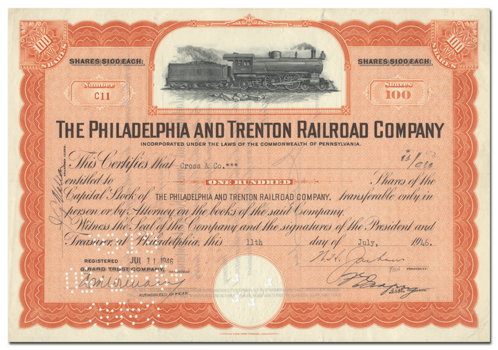 Philadelphia and Trenton Railroad Company Stock Certificate