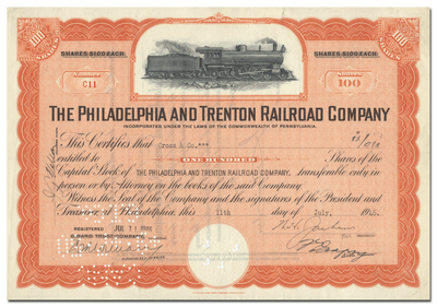 Philadelphia and Trenton Railroad Company Stock Certificate