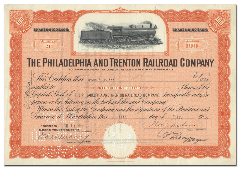 Philadelphia and Trenton Railroad Company Stock Certificate