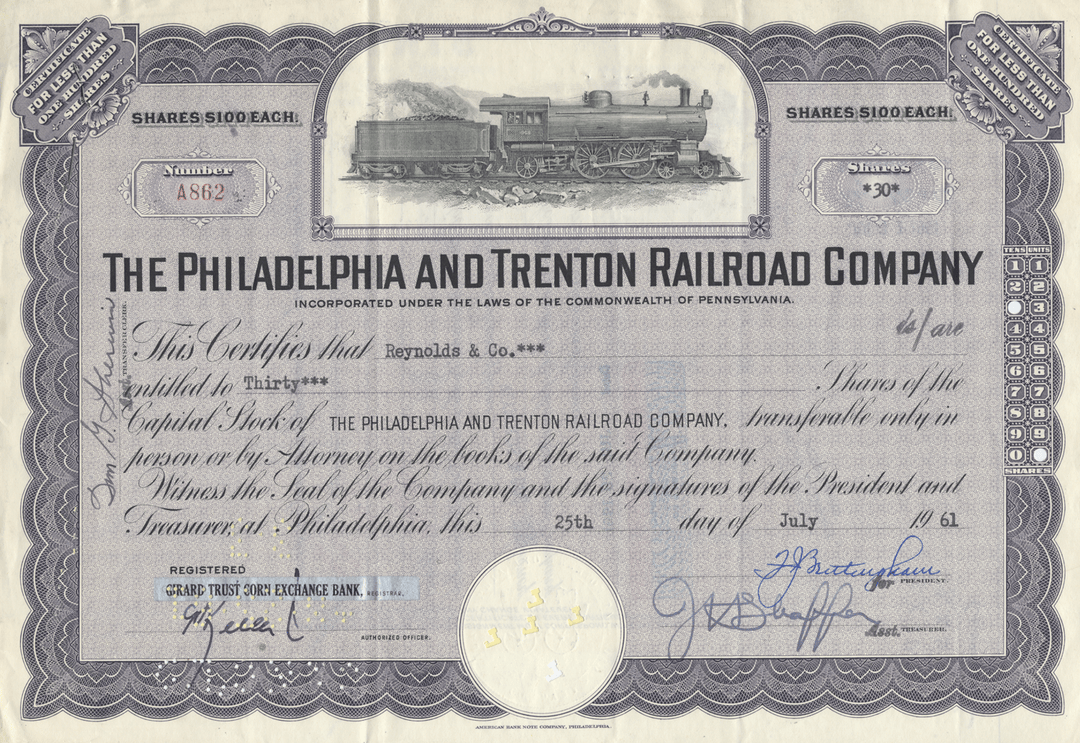 Philadelphia and Trenton Railroad Company Stock Certificate