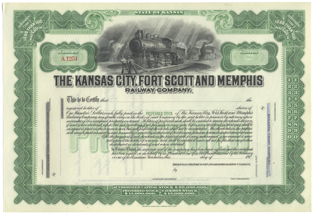 Kansas City, Fort Scott and Memphis Railway Company Stock Certificate