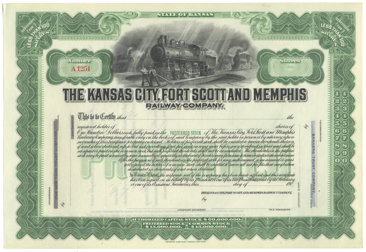 Kansas City, Fort Scott and Memphis Railway Company Stock Certificate