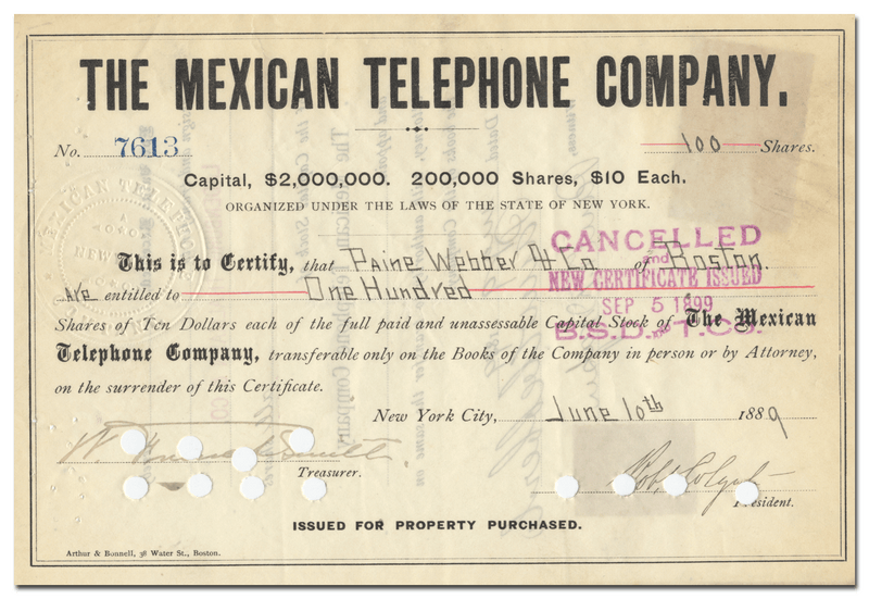 Mexican Telephone Company Stock Certificate