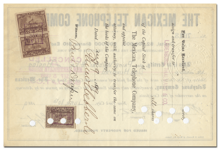 Mexican Telephone Company Stock Certificate (Back)