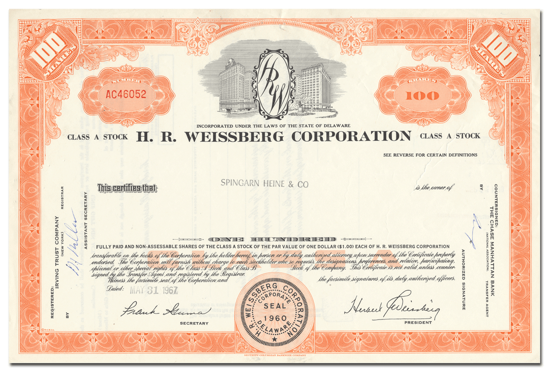 H. R. Weissberg Corporation Stock Certificate