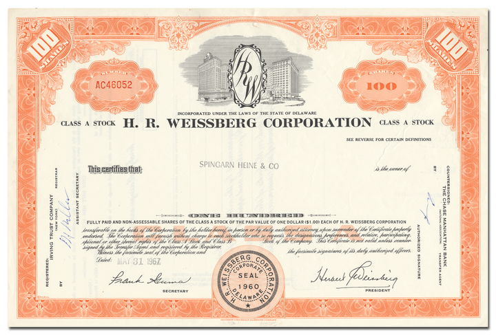 H. R. Weissberg Corporation Stock Certificate