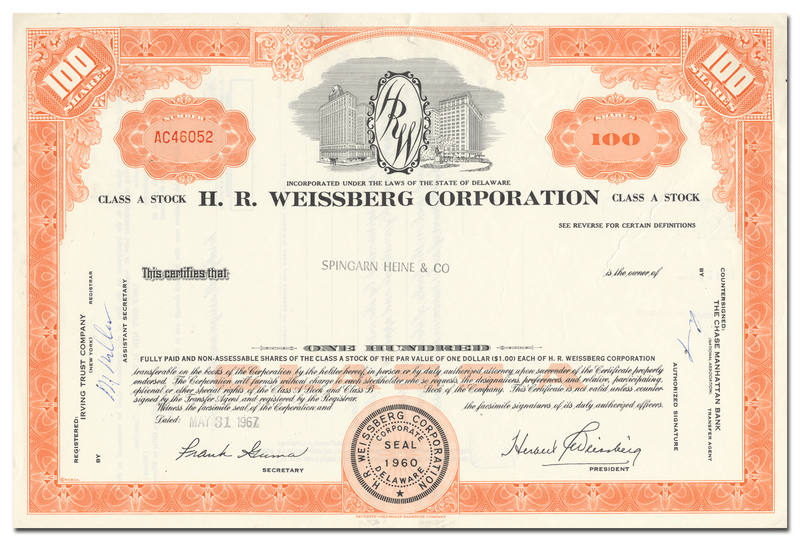 H. R. Weissberg Corporation Stock Certificate
