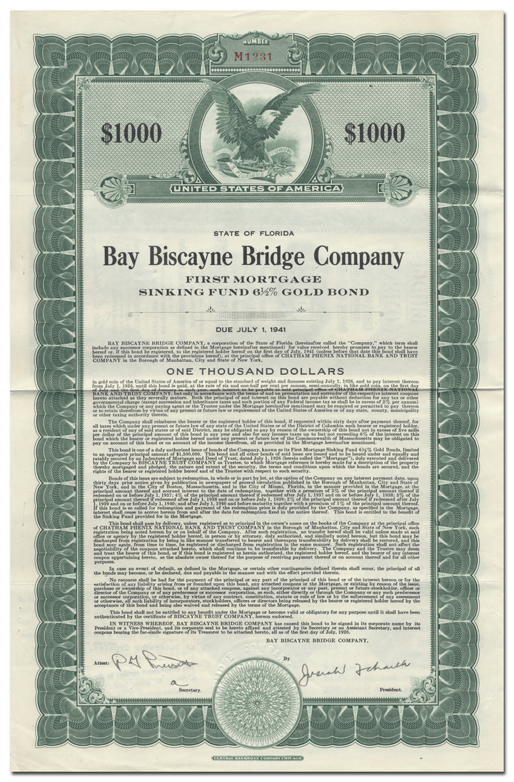 Bay Biscayne Bridge Company Bond Certificate