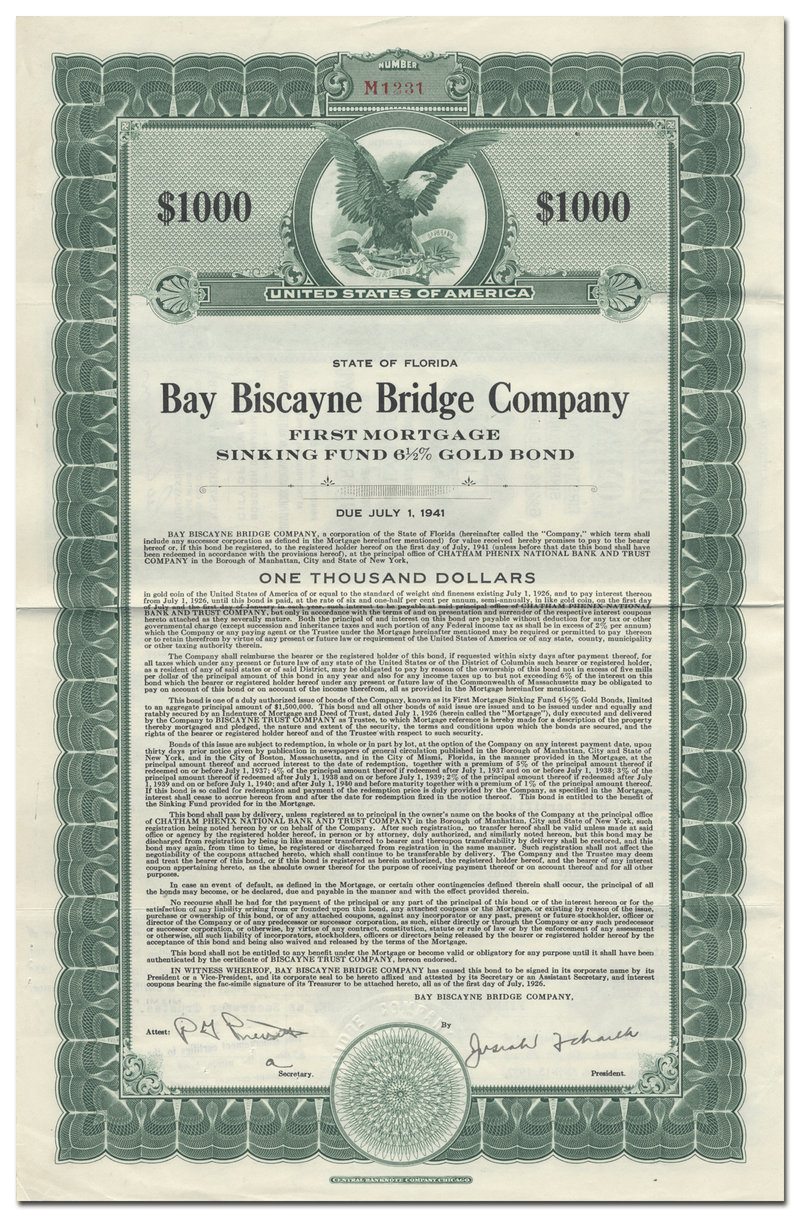 Bay Biscayne Bridge Company Bond Certificate