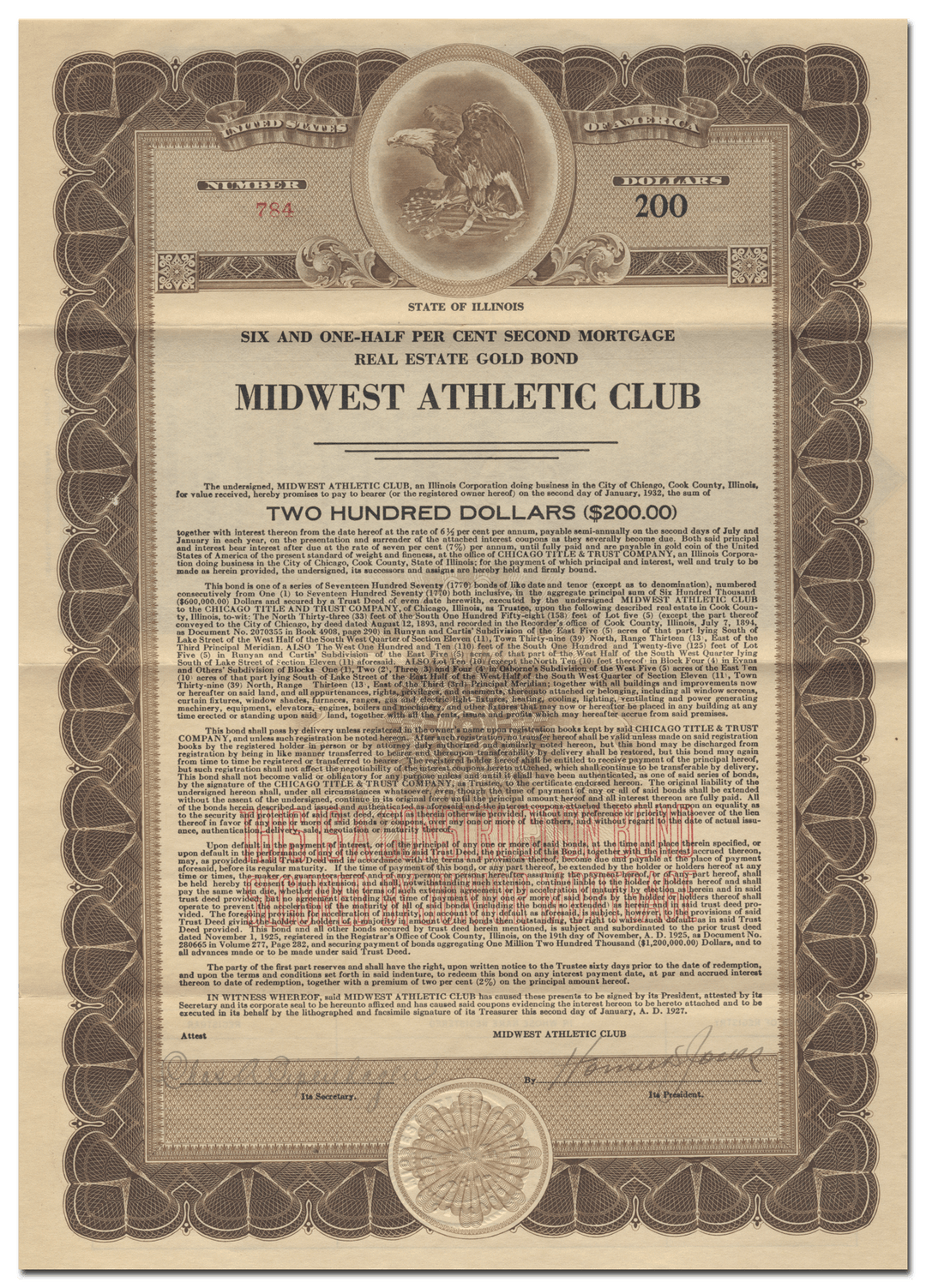 Midwest Athletic Club Bond Certificate