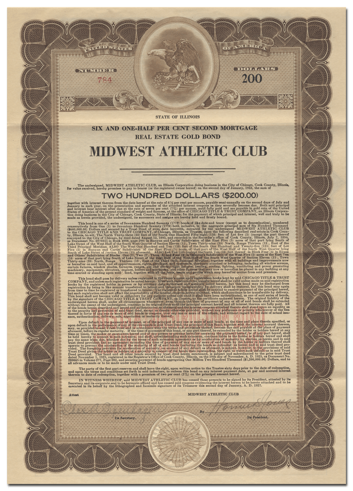 Midwest Athletic Club Bond Certificate