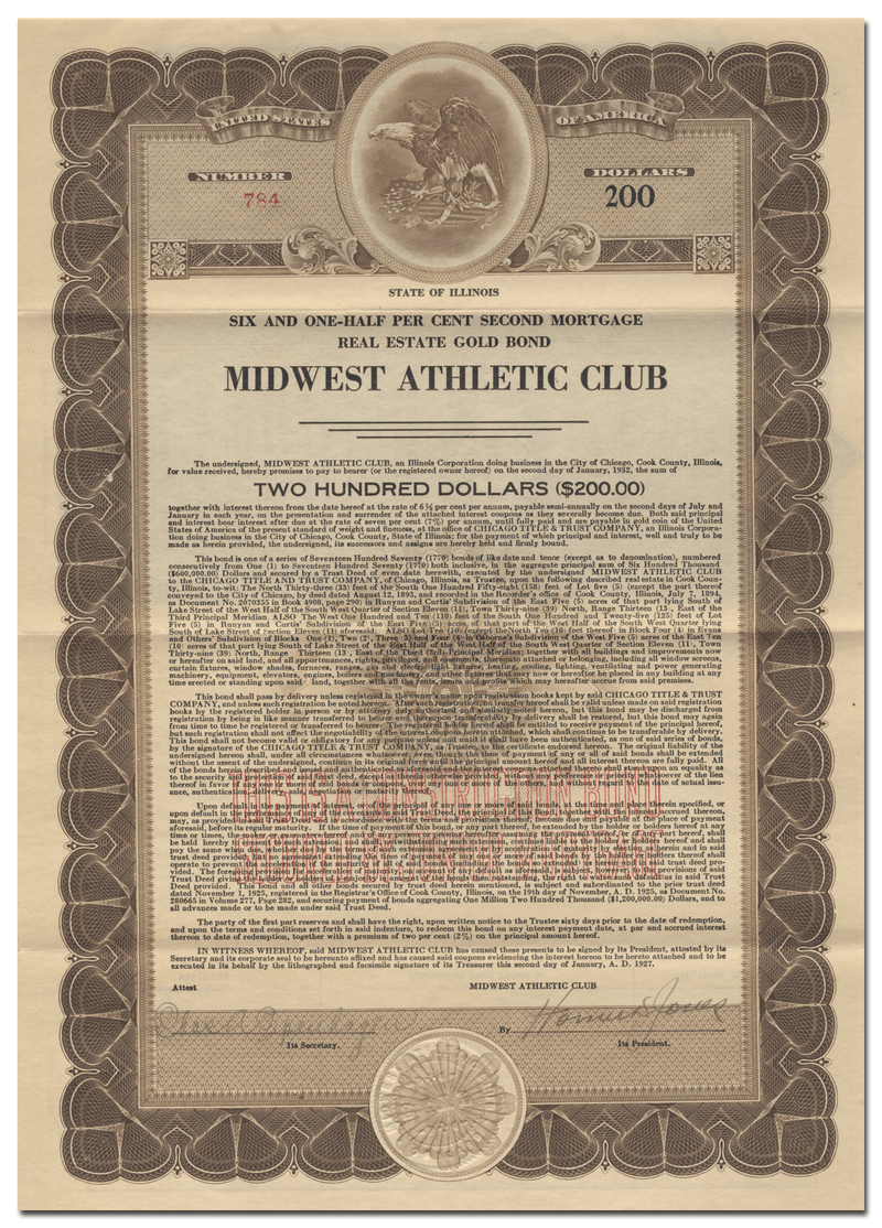 Midwest Athletic Club Bond Certificate