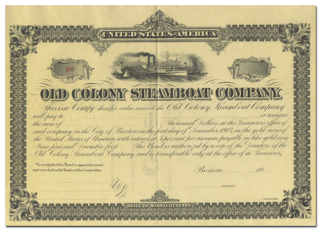 Old Colony Steamboat Company Bond Certificate