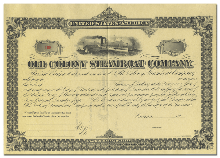 Old Colony Steamboat Company Bond Certificate