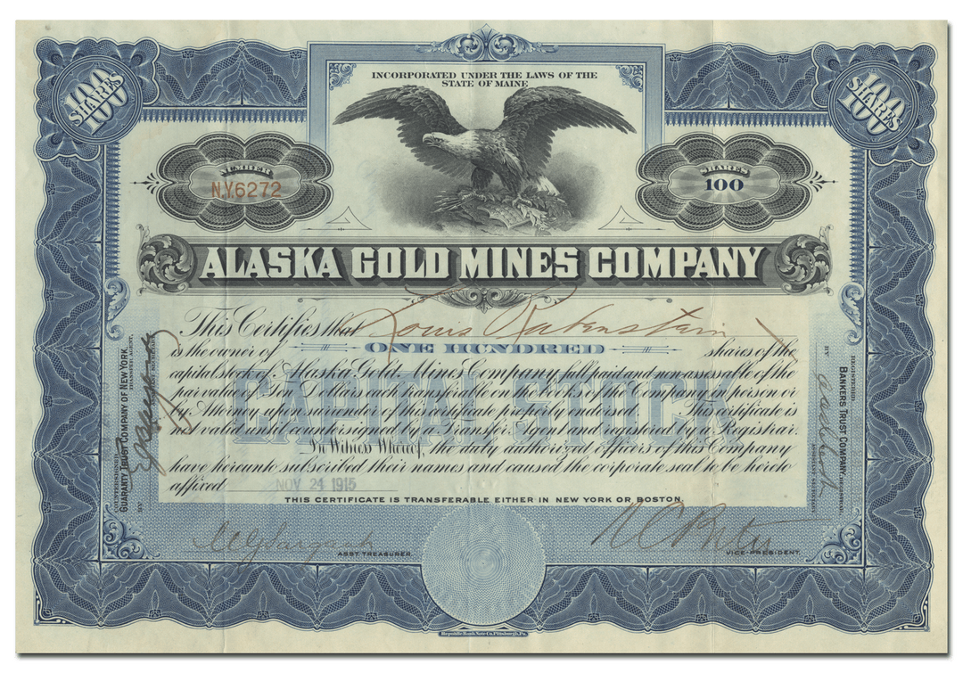 Alaska Gold Mines Company Stock Certificate