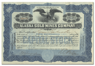 Alaska Gold Mines Company Stock Certificate
