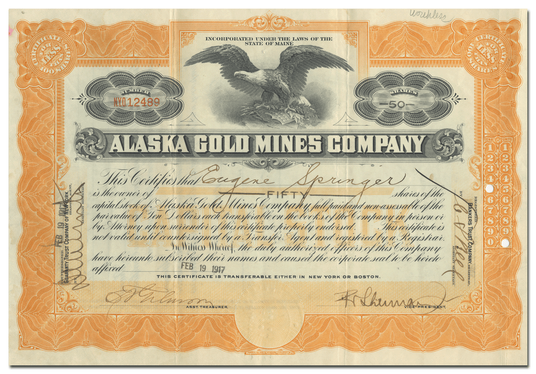 Alaska Gold Mines Company Stock Certificate