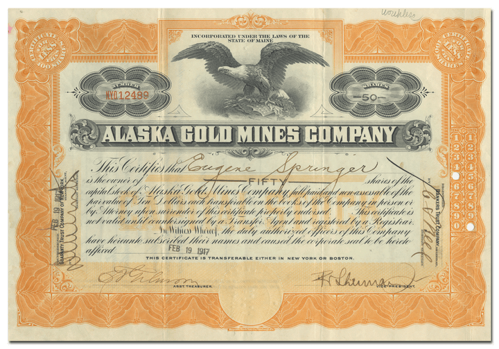 Alaska Gold Mines Company Stock Certificate