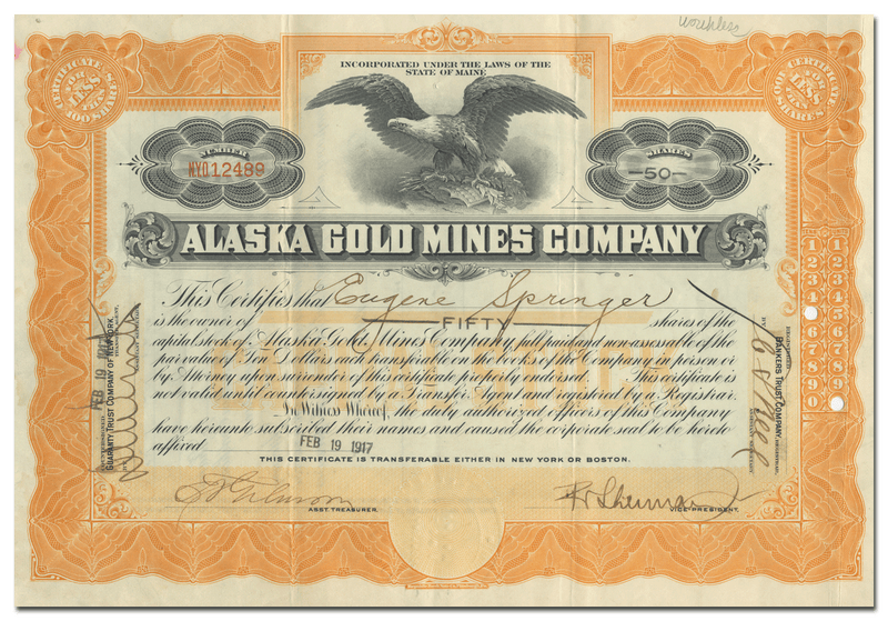 Alaska Gold Mines Company Stock Certificate