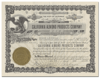 California Almond Products Company Stock Certificate