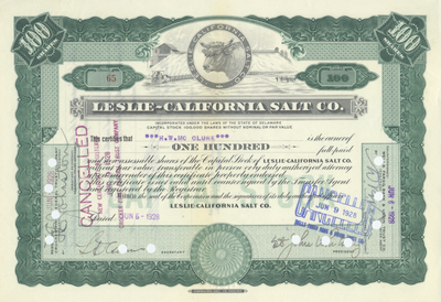 Leslie-California Salt Co. Stock Certificate