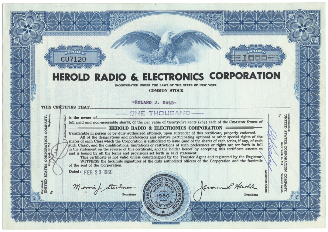 Herold Radio & Electronics Corporation Stock Certificate