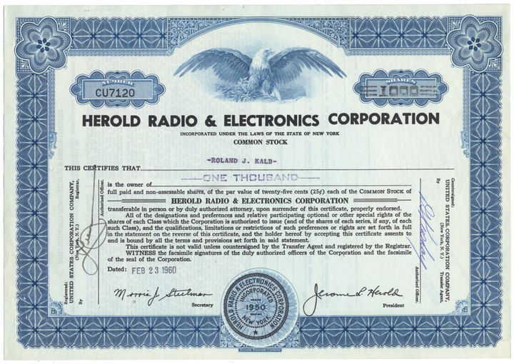 Herold Radio & Electronics Corporation Stock Certificate