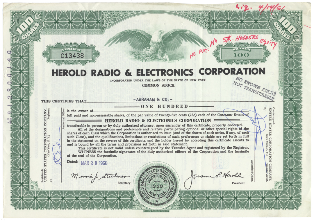 Herold Radio & Electronics Corporation Stock Certificate