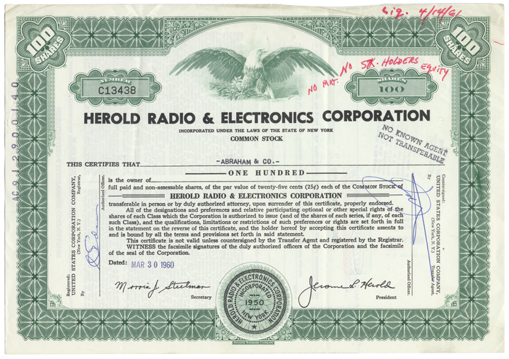 Herold Radio & Electronics Corporation Stock Certificate