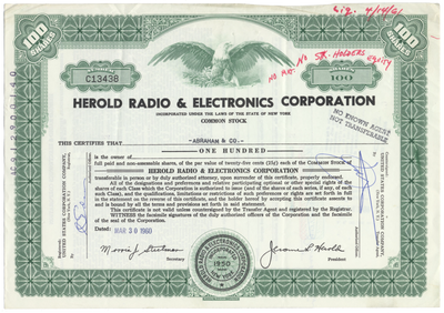 Herold Radio & Electronics Corporation Stock Certificate