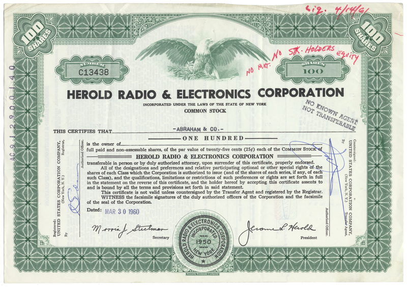 Herold Radio & Electronics Corporation Stock Certificate