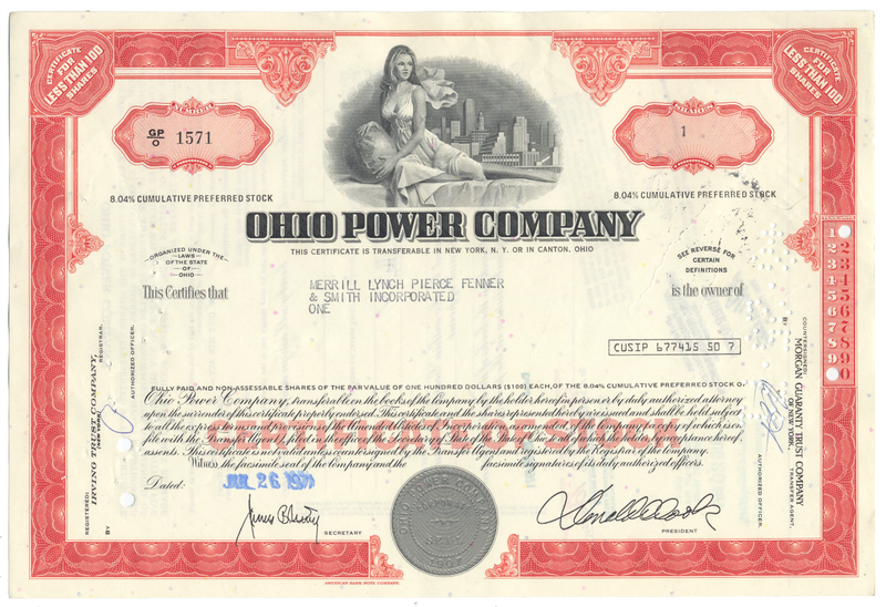 Ohio Power Company Stock Certificate