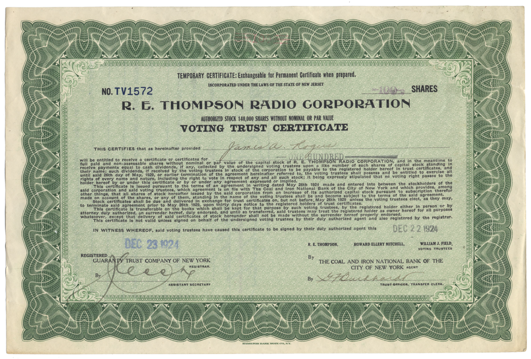 R. E. Thompson Radio Corporation Stock Certificate