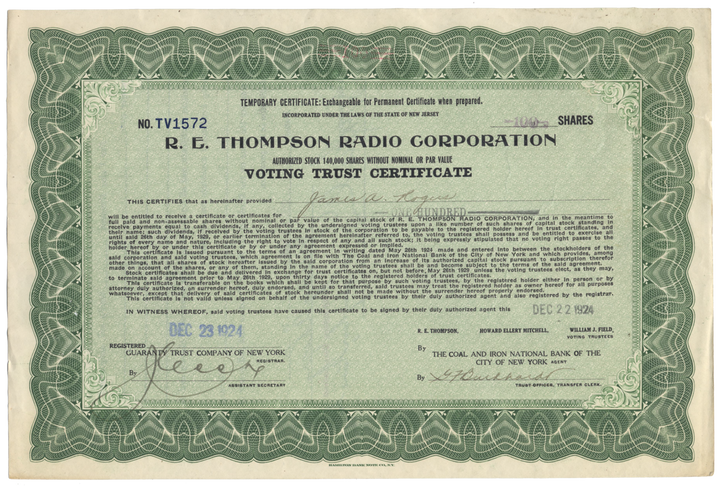 R. E. Thompson Radio Corporation Stock Certificate