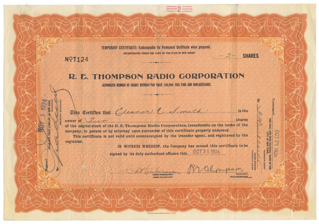 R. E. Thompson Radio Corporation Stock Certificate