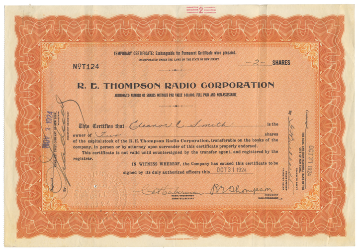 R. E. Thompson Radio Corporation Stock Certificate