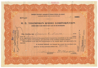 R. E. Thompson Radio Corporation Stock Certificate